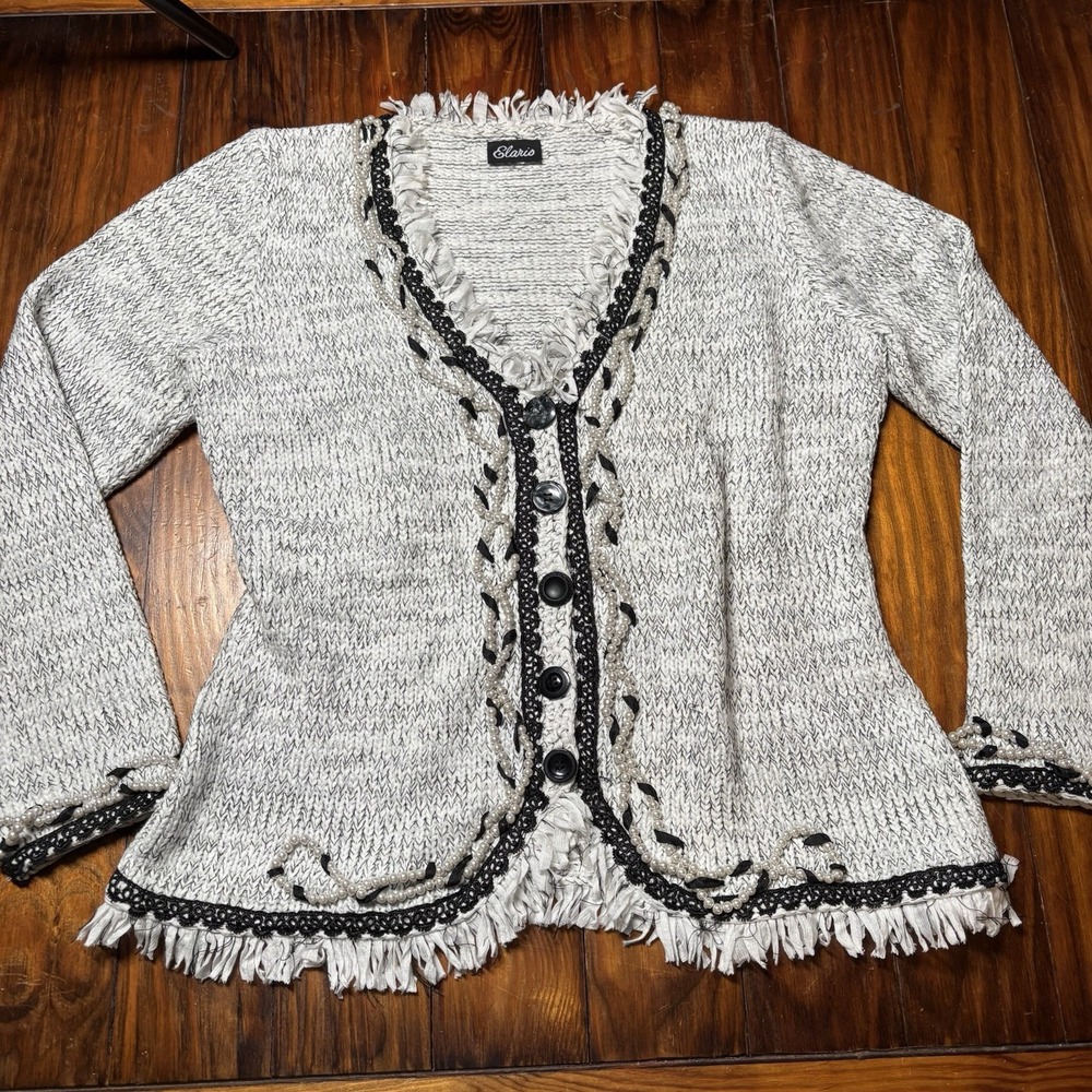 Elaris Gray Black Designer Tweed Beaded Pearl Fringe Blazer Jacket Sz S A561